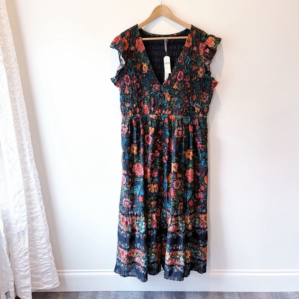 Anthropologie NWT XL Petite Floral Smocked Boho Midi Dress Flutter Sleeve - Picture 2 of 12
